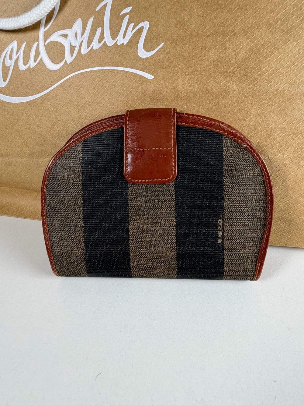 Fendi Brown and Black Striped Canvas Pouch with Leather Trim - Picture 5 of 7